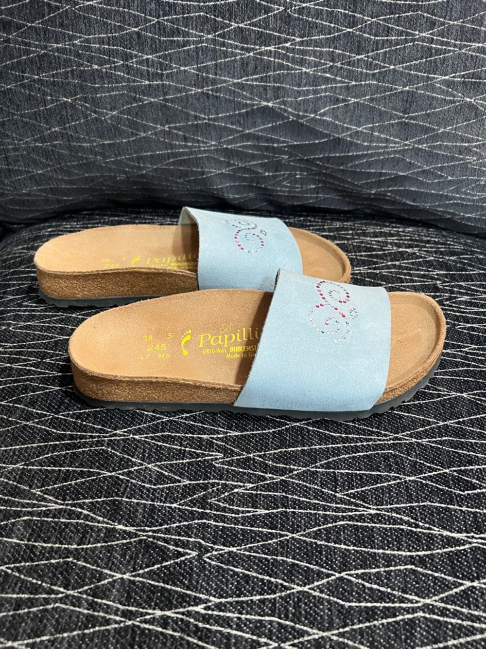 Papillio by Birkenstock Light Blue Slide Sandals with Tan Footbed - Picture 6 of 8